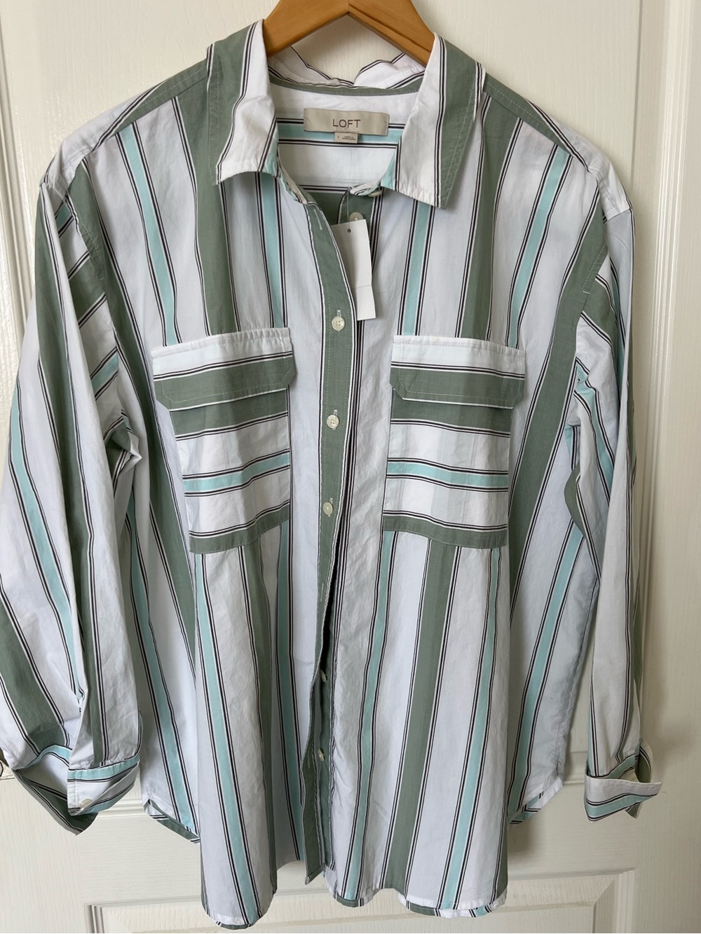 nwt LOFT Olive Green, White & Teal Vertical Stripe Button-Down Shirt
